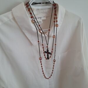 Vintage Gothic Rosary Necklace Amber Glass Beads & Ornate Cross